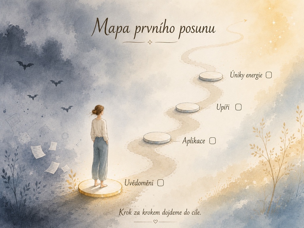 Akvarelová cesta vedoucí z chaosu ke světlu po malých krocích